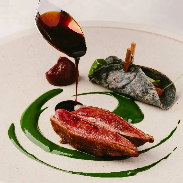 creation thumb for French Racan pigeon breast paired with a taco pibil