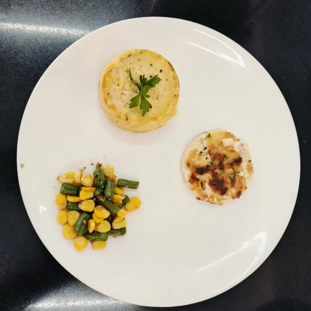 creation thumb for Chicken souffle & au gratin dauphnois and buttered succotash