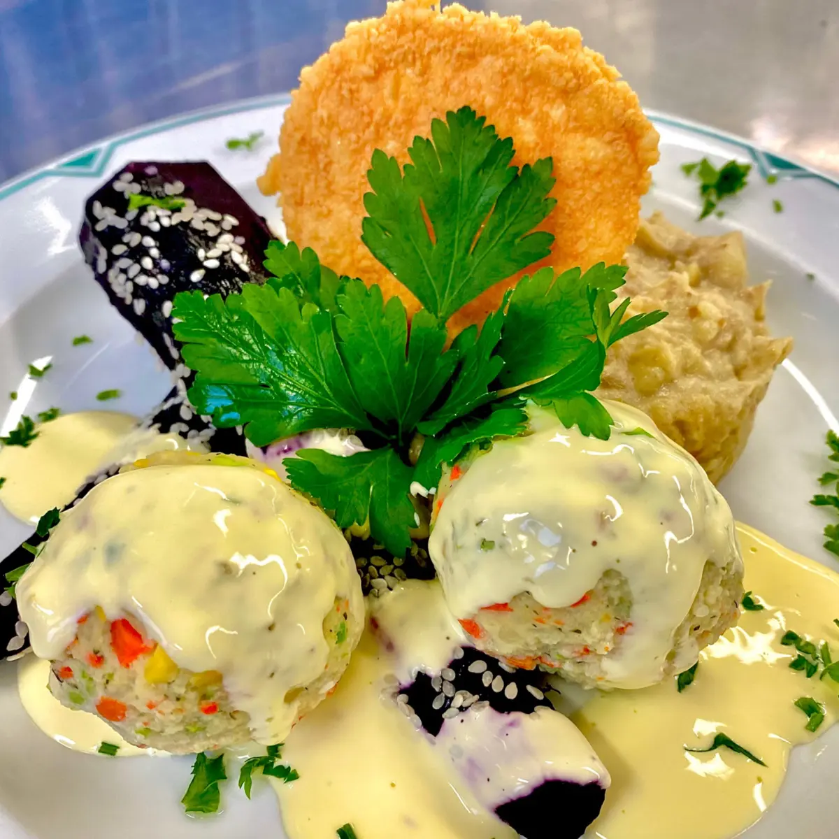 creation thumb for Veggie Balls, lila carrots, velouté, stuffed maronie and Parmesan chip