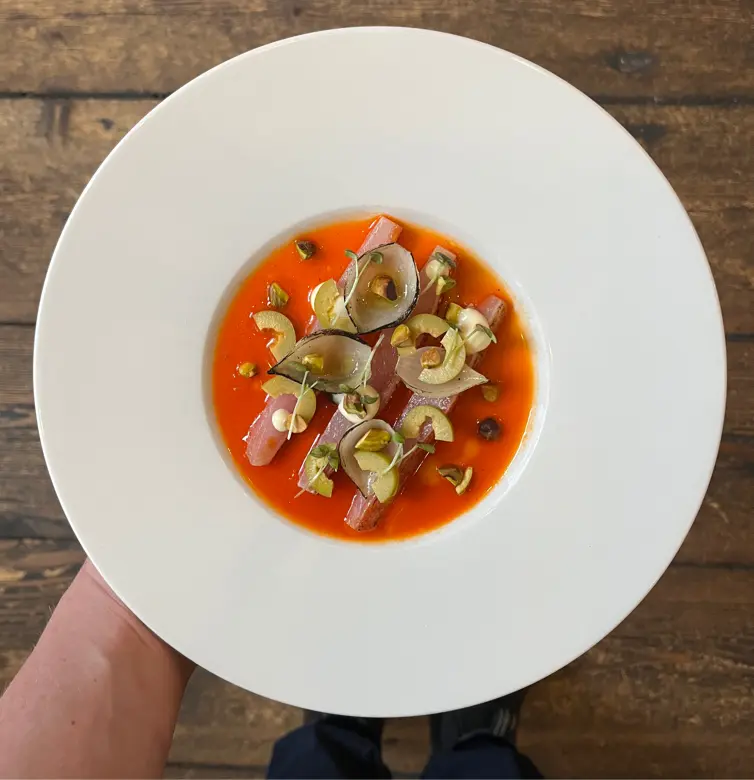creation thumb for Red mullet, paprika, pistachio & horseradish