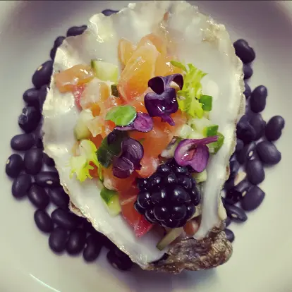 creation thumb for Irish oysters with salmon, cucumbers, and blackberries