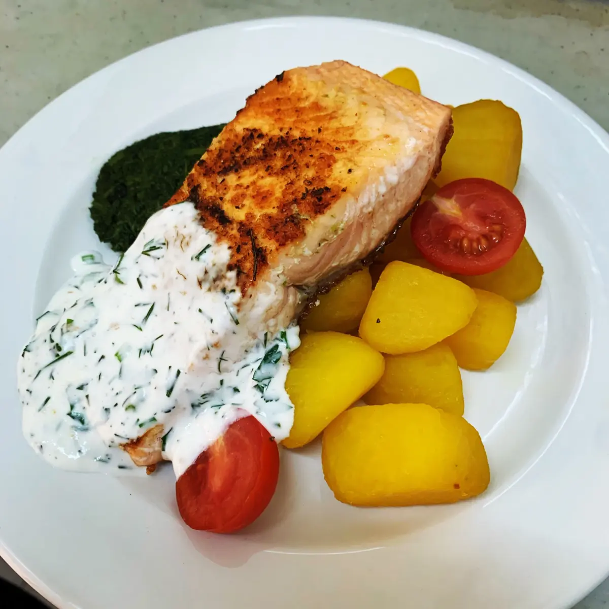 creation thumb for Salmon with saffron potatoes and dill aioli