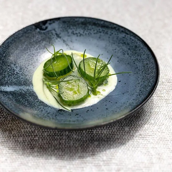 creation thumb for Fletán, jalapeños, judías verdes fermentadas, pepino y agretti