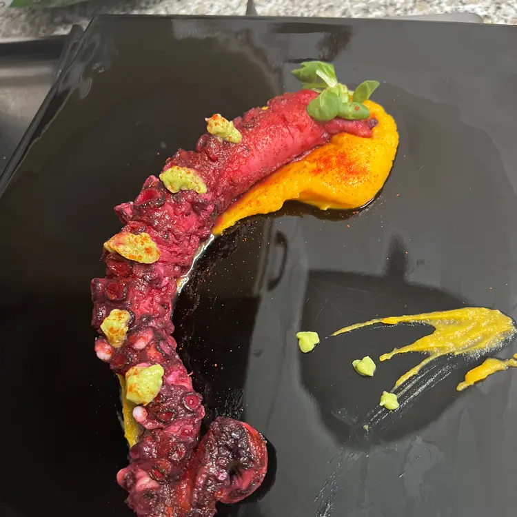 creation thumb for Octopus bathed in beetroot with sweet potato purée and guacamole