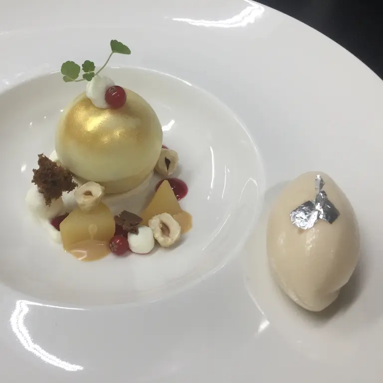 creation thumb for Hawthorn sorbet/caramel/rice pudding/pear