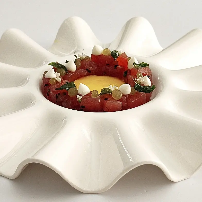 creation thumb for Tuna tartare with bell pepper and coconut gazpacho, pecorino