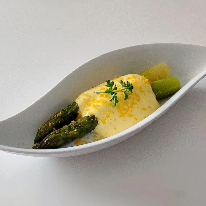 creation thumb for Slow-cooked tender asparagus: soft egg yolk sauce, bottarga