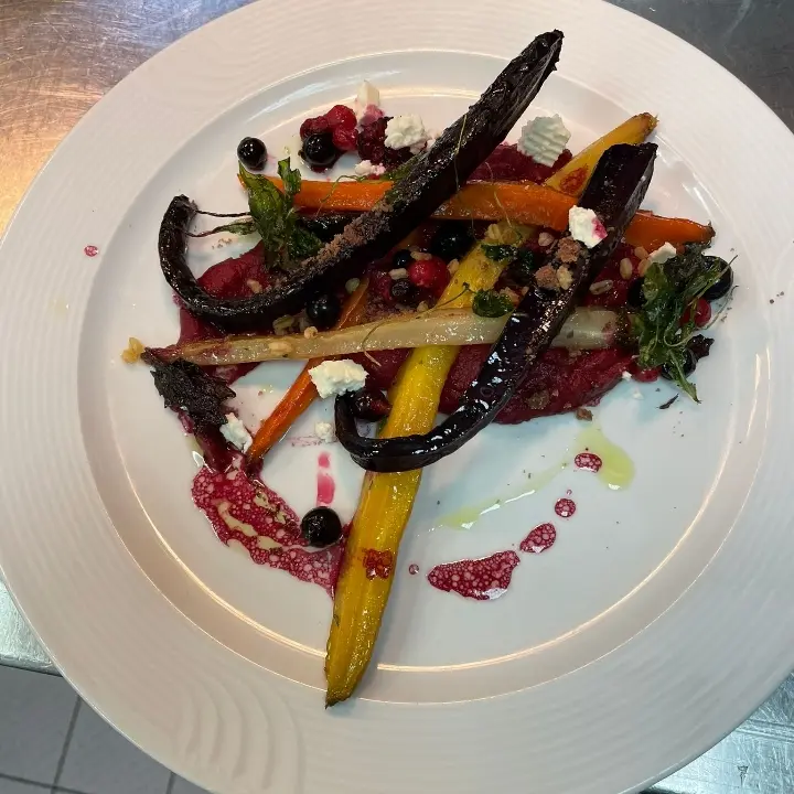 creation thumb for Carrots, beetroot puree with feta cheese and forest berries.