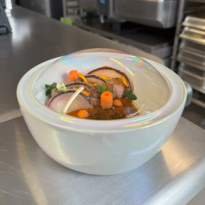 creation thumb for Binchotan-Grilled Pork Secreto, Roasted Peach & Carrot Red