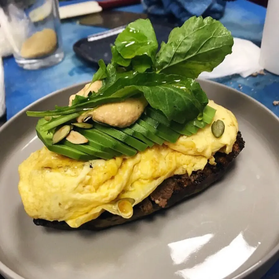 creation thumb for Scrambled eggs , village bread , eggplant cream , pumpkin seeds