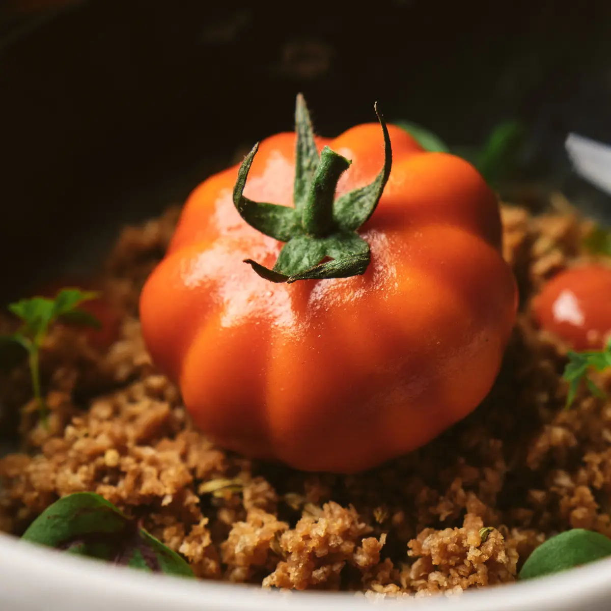 creation thumb for Fake tomato stuffed with burrata and fennel soil