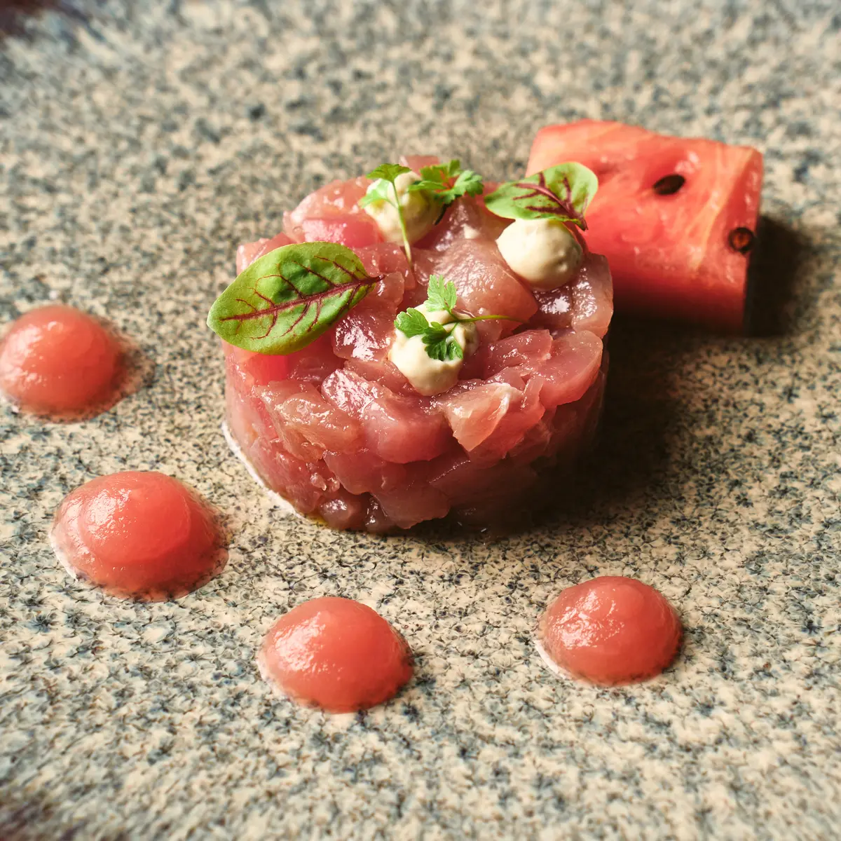creation thumb for Tuna tartare, watermelon gel, marinated watermelon & caper mayo