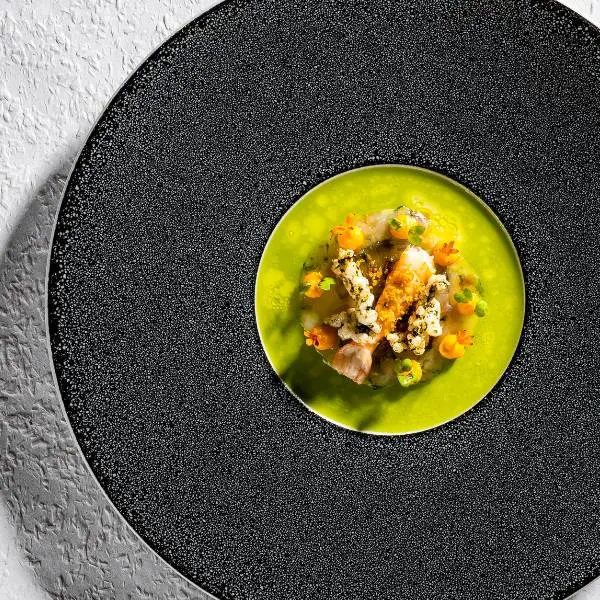 creation thumb for Tyrolean Prawn raw and grilled on Binchotan/ Shiso-Vinaigrette / Pumpkin / Calamansi-Tamarind/ Prawn-Cracker