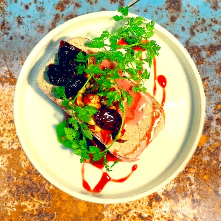 creation thumb for Chicken terrine|Plums|Parsley oil|Cranberry gel
