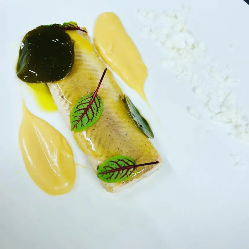 creation thumb for Whitefish, cauliflower toffee, caper leaves, meringue