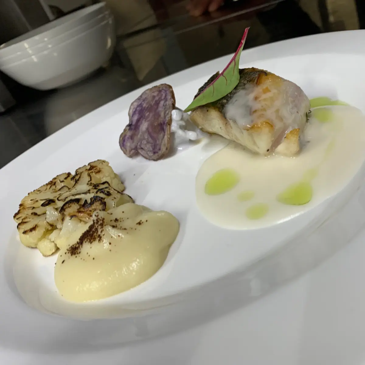creation thumb for Ombrina, cauliflower cooked in two ways, purple sweet potato ice cream, coffee.