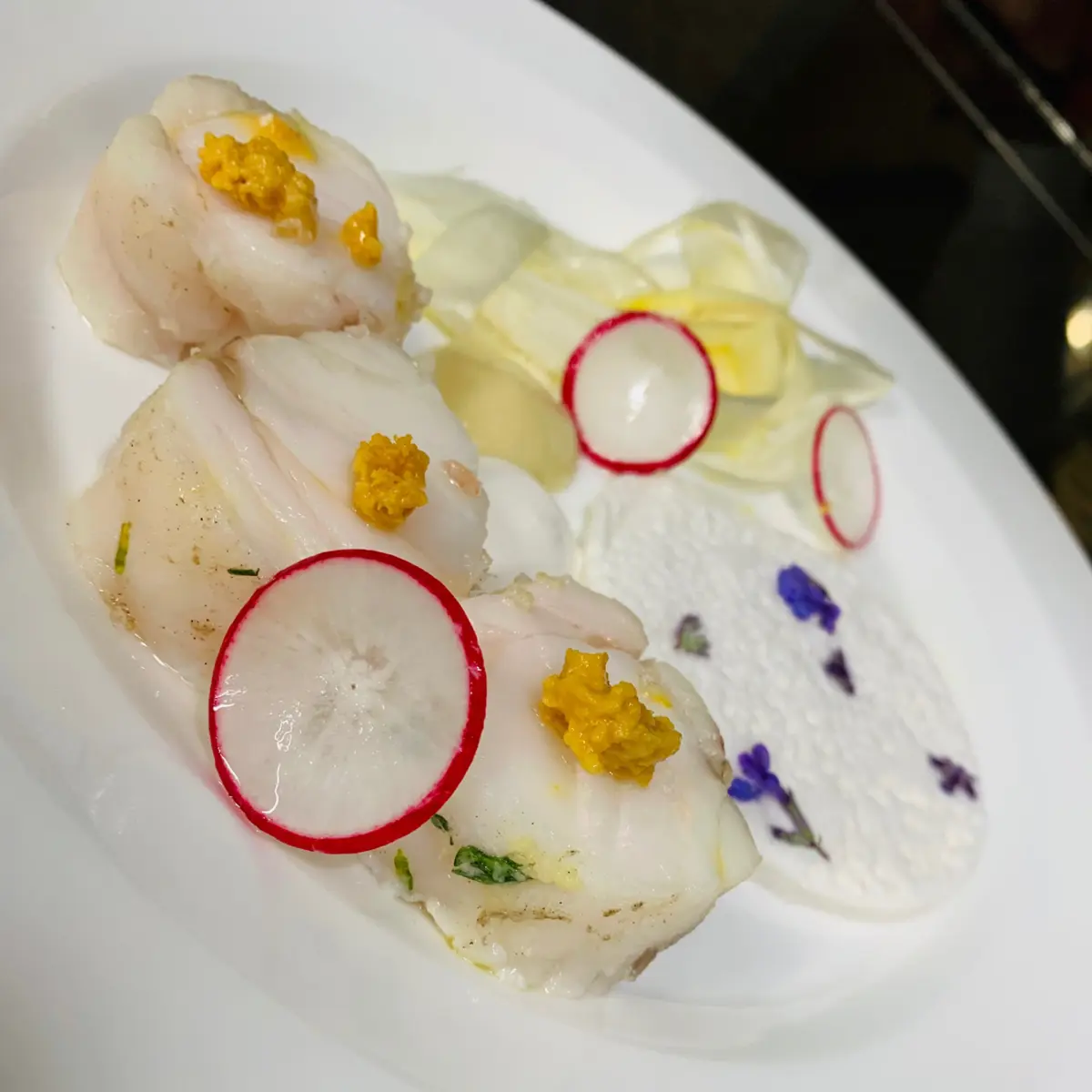 creation thumb for Monkfish CBT tail, cooked and raw white asparagus, gelled almond milk and sea urchin pulp