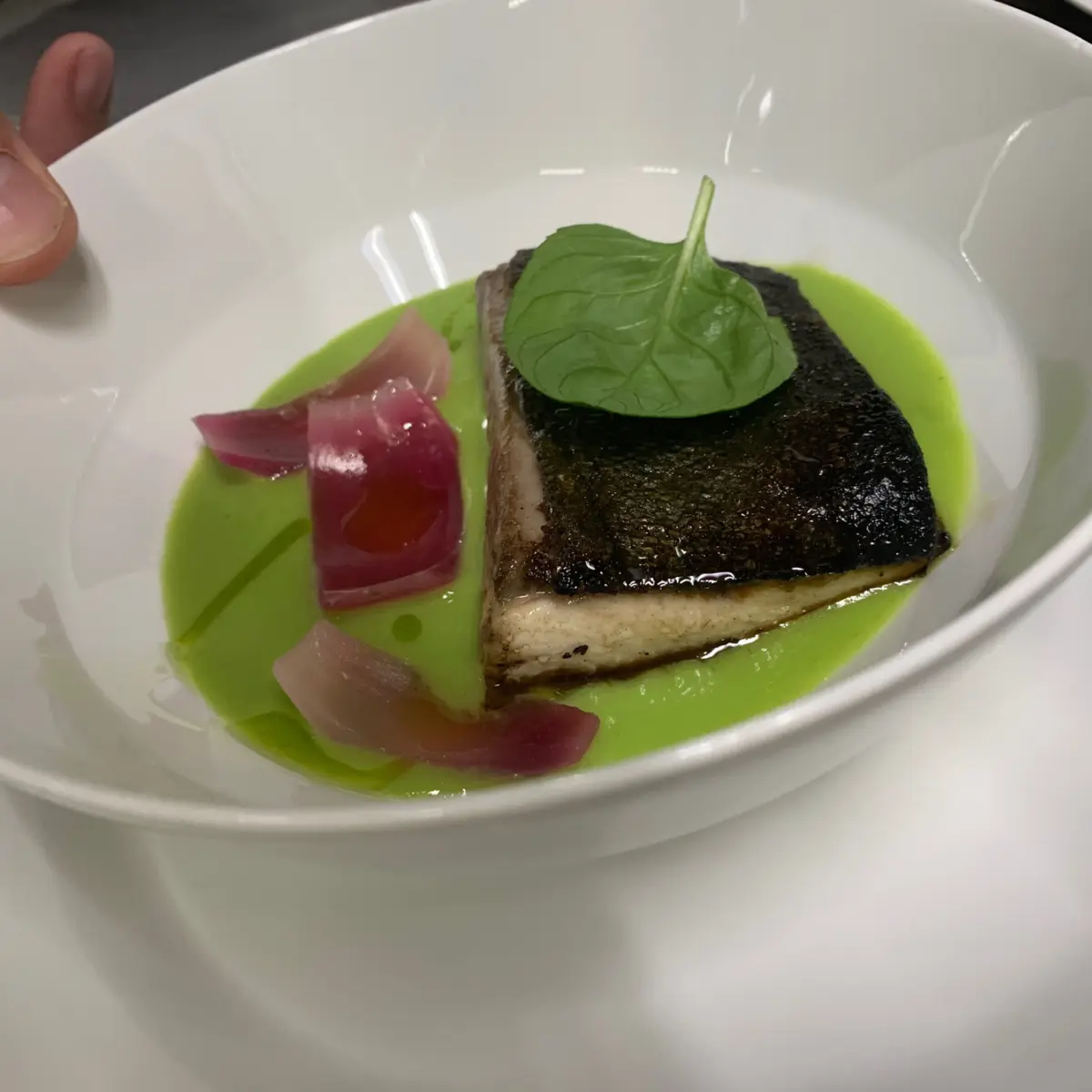 creation thumb for Ricciola, peas, mint and caramelized Tropea onion