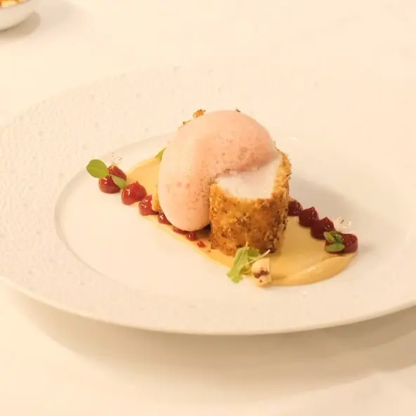 creation thumb for Larded Amberjack with Hazelnut Mayonnaise, Cherry Gel & Foam