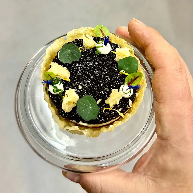 creation thumb for Buñuelo Tartelette with Beef Tartare, Crème Fraîche & Caviar
