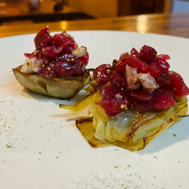 creation thumb for Artichokes, aged beef, pata negra lard, sea urchin béarnaise