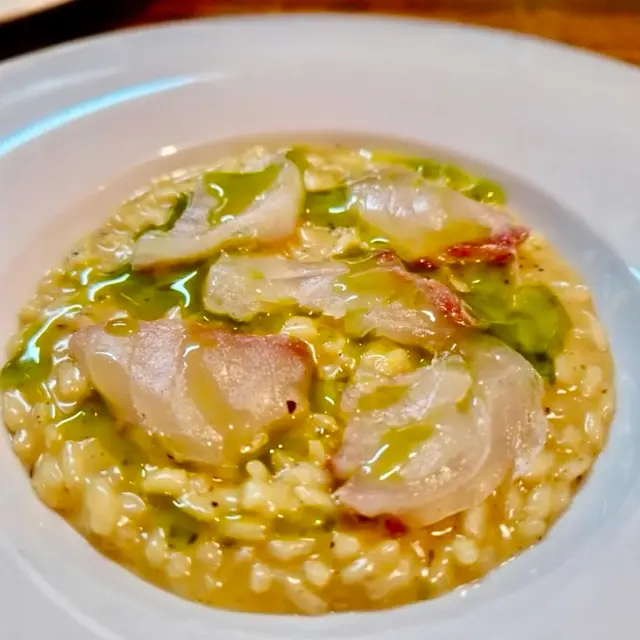 creation thumb for Acquerello Risotto, Rock Fish Bisque, Cured Sea Bass Sashimi