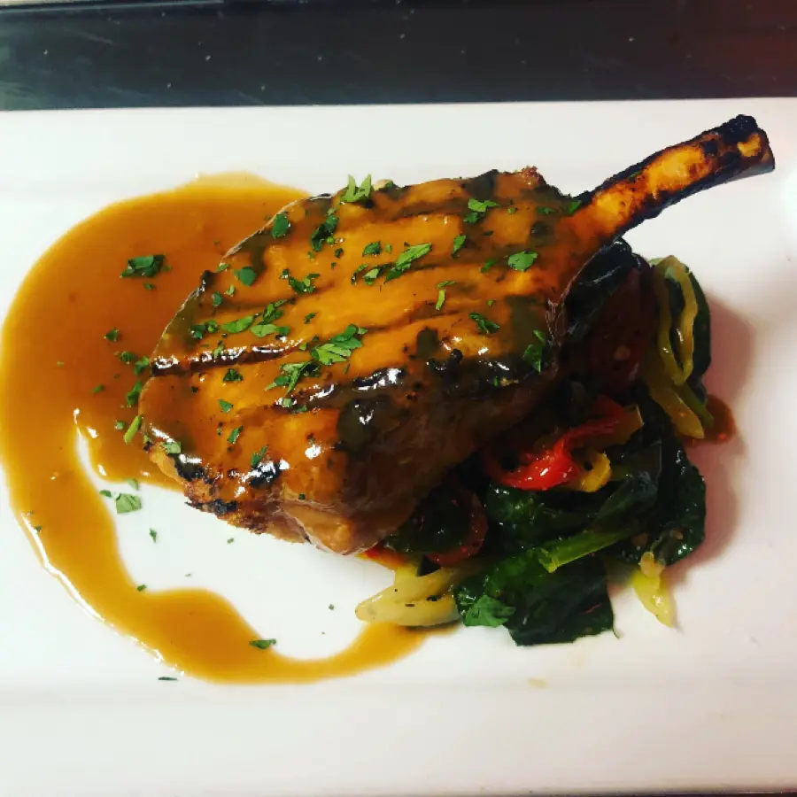 creation thumb for Pork Rib Chop, Spinach, Peppers, Rosemary Jus