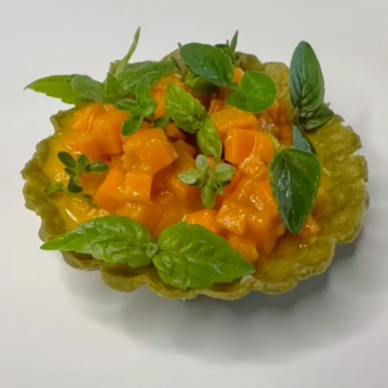 creation thumb for Matcha Tea Brisè Tart with Carrot Tartare