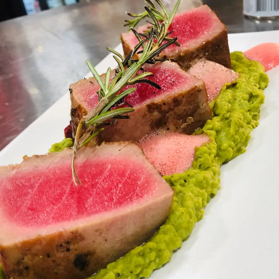 creation thumb for Tuna fillet, smoked with rosemary, with  mushy peas and beetroot foam.