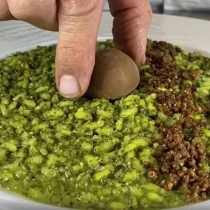 creation thumb for Basil risotto, black garlic ice cream & crumble