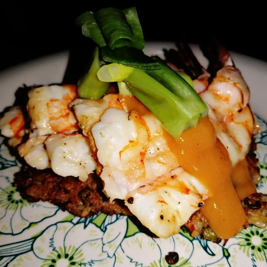 creation thumb for Grilled langoustine and pigeon pea rice colón with biscuits