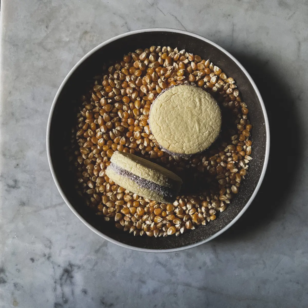 creation thumb for Corn alfajor, dulce de leche with almonds and tonka bean.