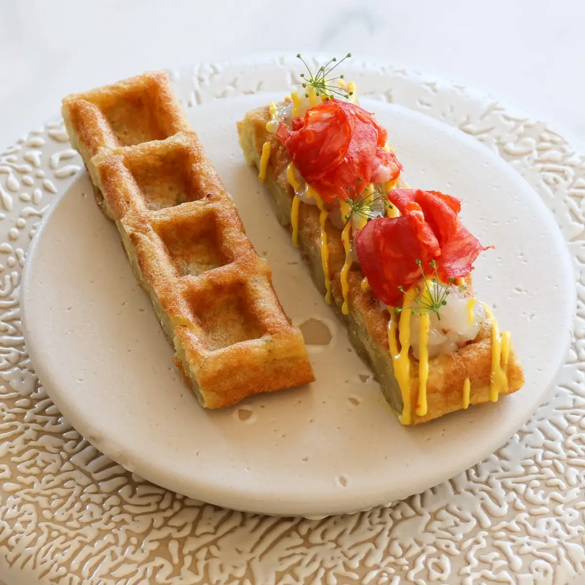 Tortilla Waffle / Saffron / Langoustine / Chorizo