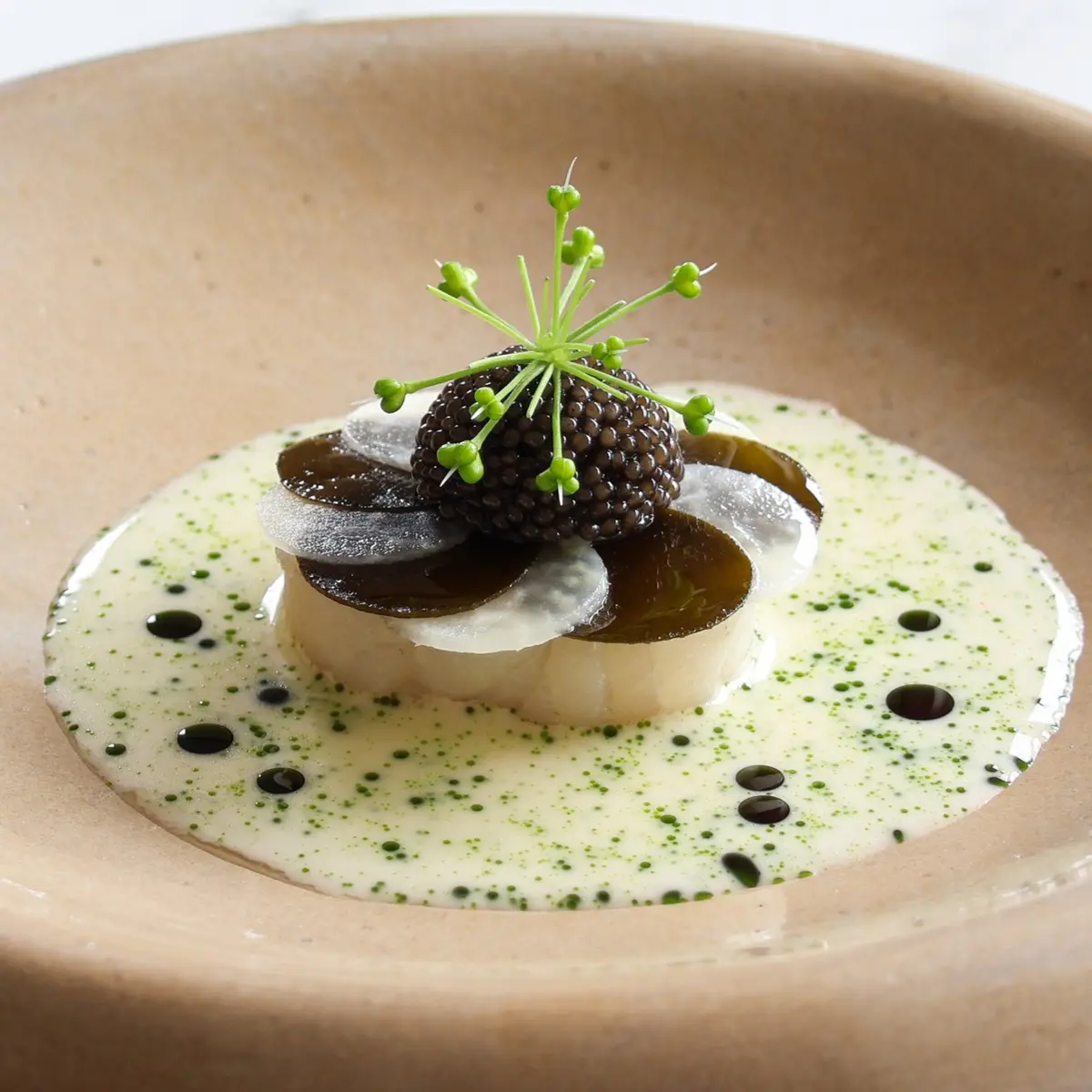 creation thumb for Cod fillet  poached in onion dashi broth / Kohlrabi / Kombu