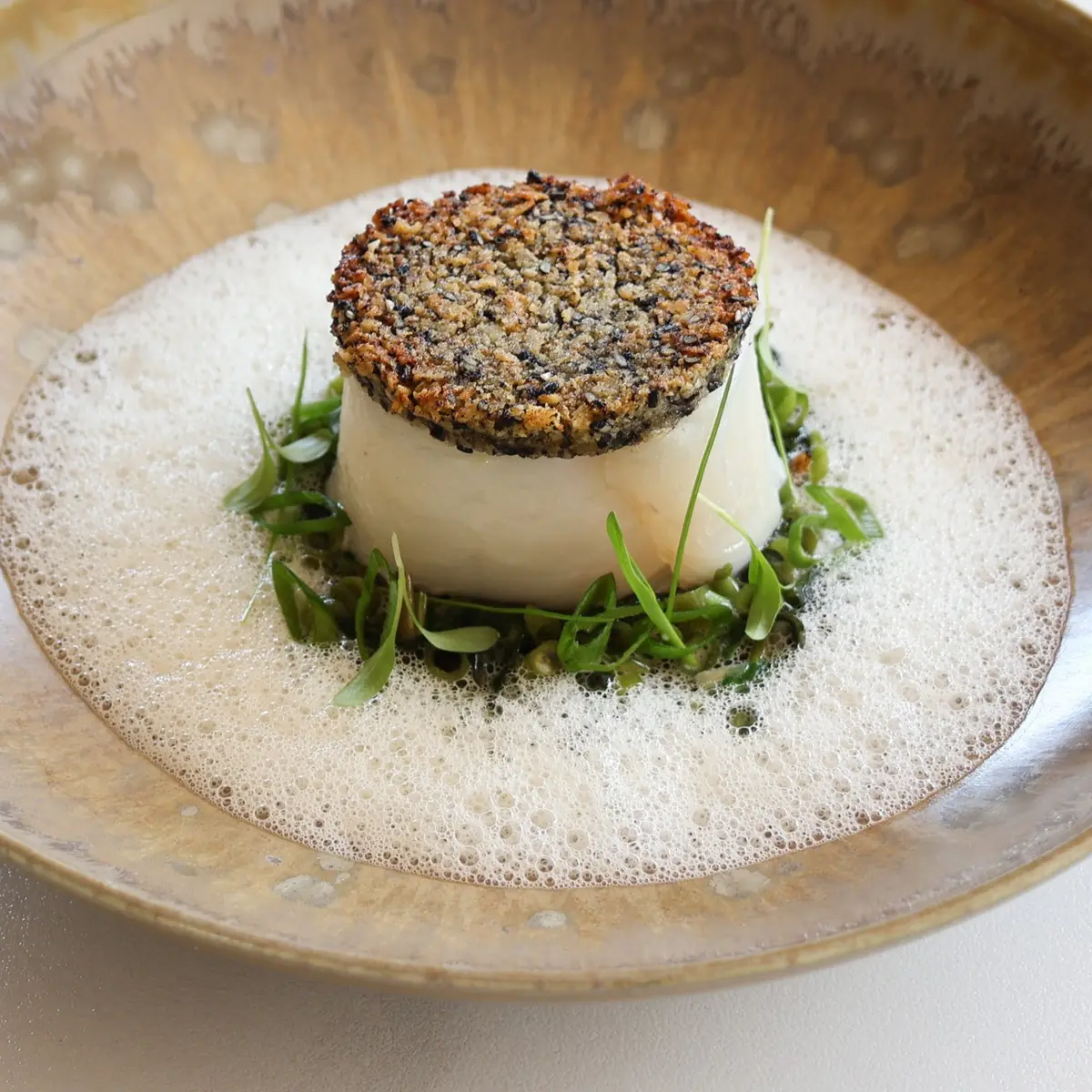 creation thumb for Cod / nori-panko crust / water spinach /dashi foam
