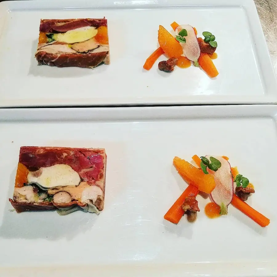 creation thumb for Pressed Terrine: Rabbit Foie Gras Ham Apricot Girolles Carrot
