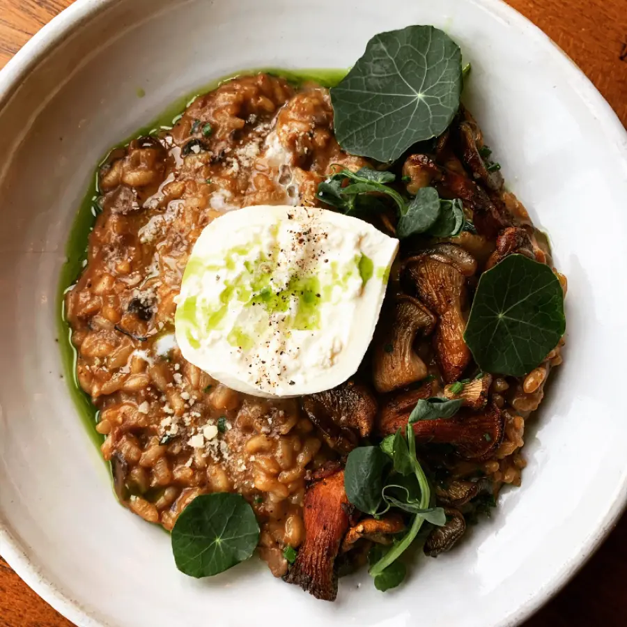 creation thumb for Black Garlic and Oyster Mushroom Risotto/ Burrata