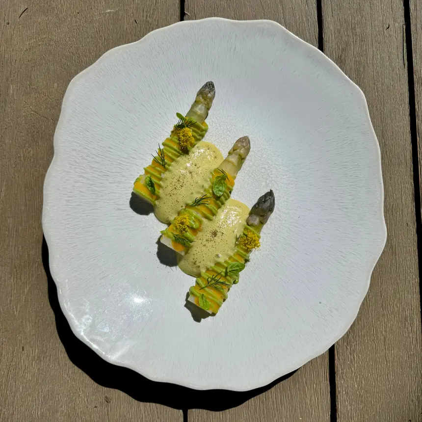 creation thumb for Smoked egg yolks cream and whites asparagus.