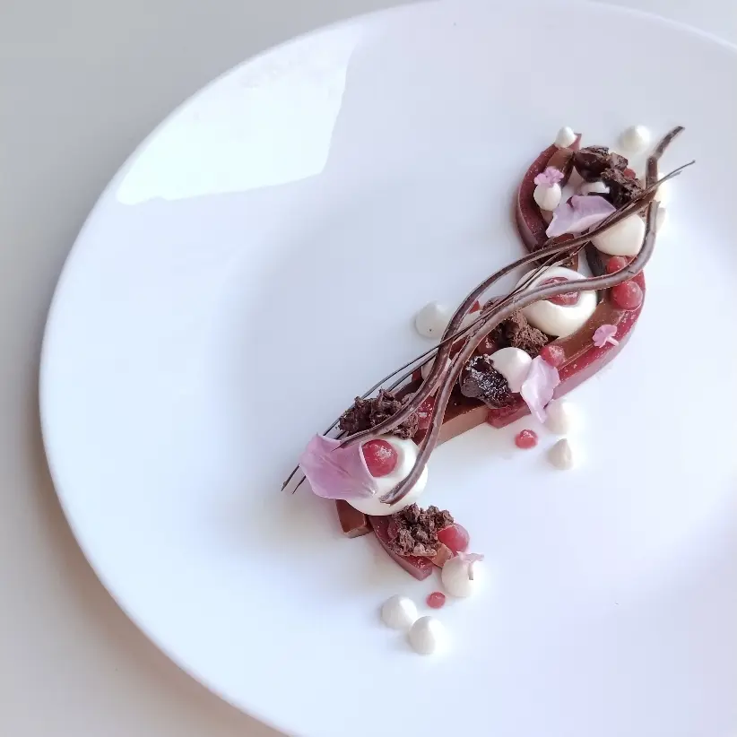 creation thumb for Flexy Cardamom cocoa nibs ganache,  Cherry jelly 
