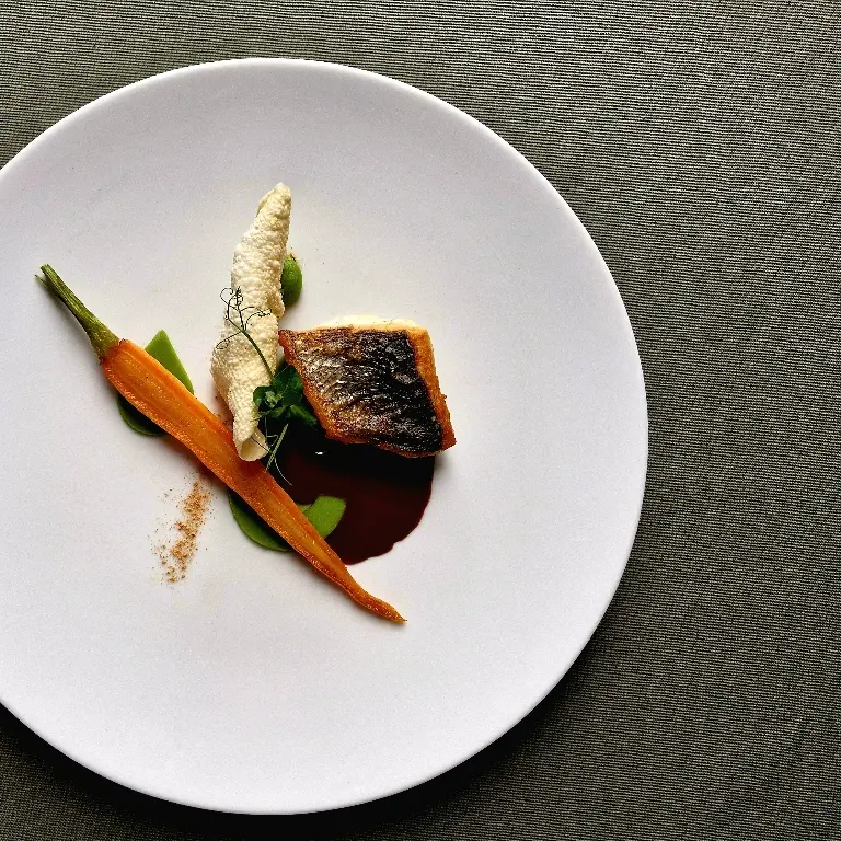 creation thumb for Seabass with choclate sauce and cracker of risotto 