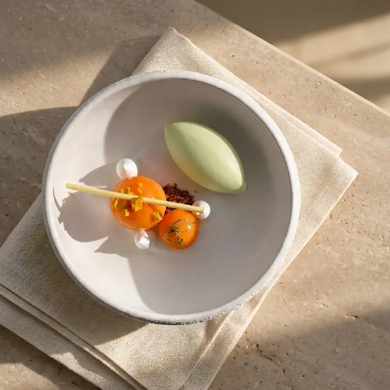 creation thumb for  white chocolate mousse sea buckthorn, mango mint ice cream