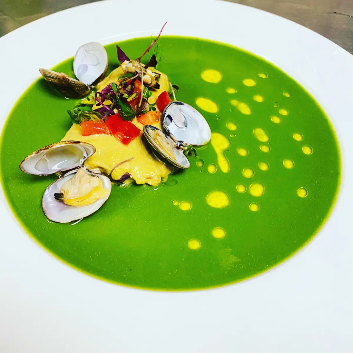 creation thumb for Salmerino glassato alle vongole crema di piselli
