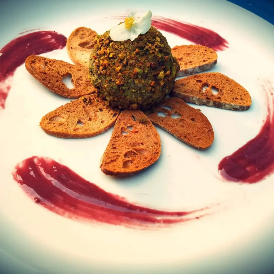 creation thumb for chicken liver pate ,roasted pistachio , raspberry coulis