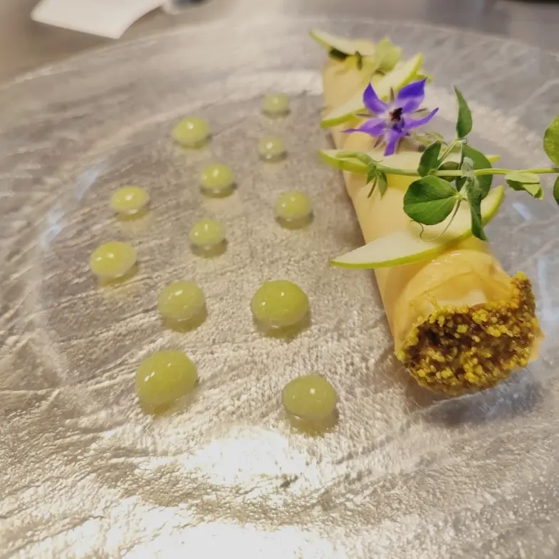 creation thumb for Cannolo stuffed with buffalo ricotta and prawns, served with apple gel and celery