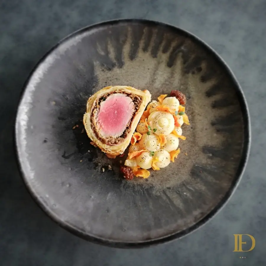 creation thumb for Slavonian black pig wellington, celery and walnut puree,marinated mulberry
