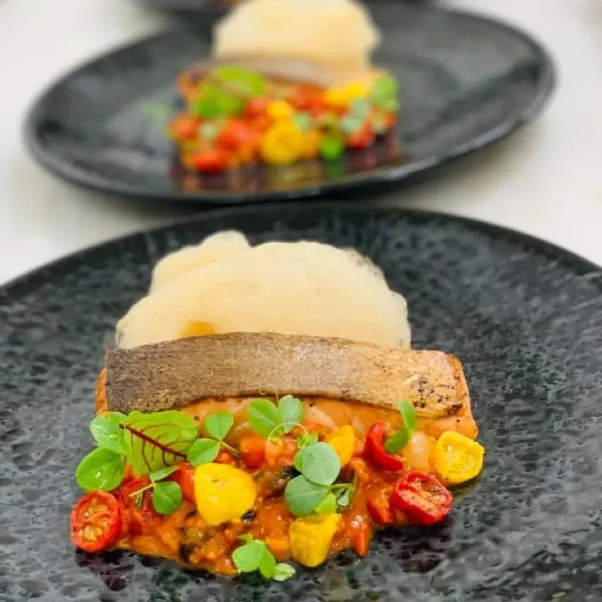 creation thumb for Pan seared  salmon cherry tomato relish, orange soy foam