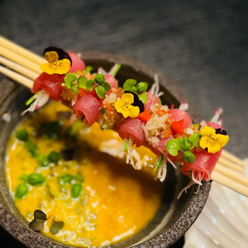 creation thumb for Tuna Tiradito, smoked lemongrass salsa, passion fruit srirac
