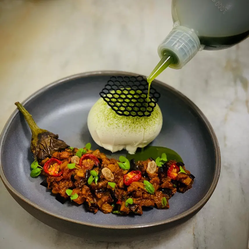 creation thumb for Sicilian eggplant caponata, Buratta, basil oil
