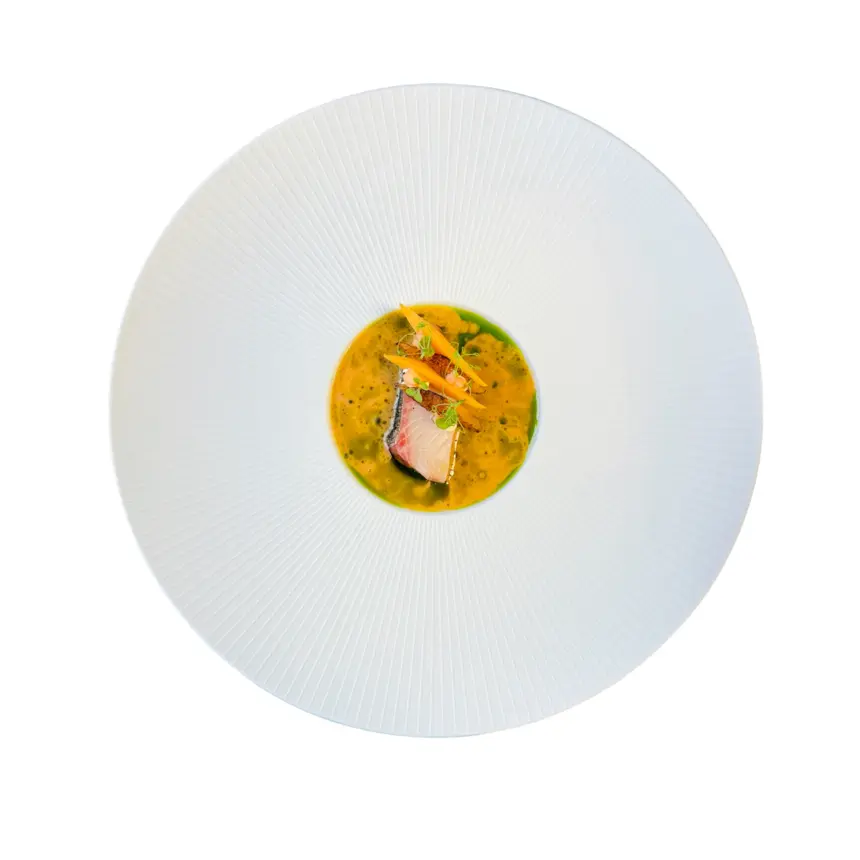creation thumb for Kingfish melone bruciato, olio di aneto, gamberetti, yuzu,