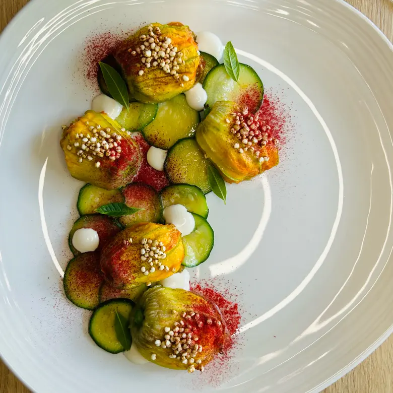 creation thumb for Courgette flowers, buffalo mozzarella, almond, quinoa and raspberries